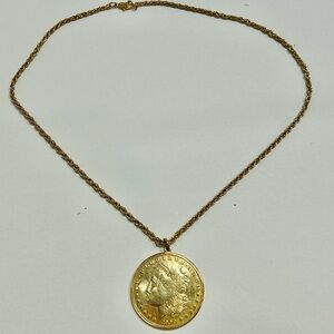 Vintage Gold Coin Pendant Necklace Italy  20” long